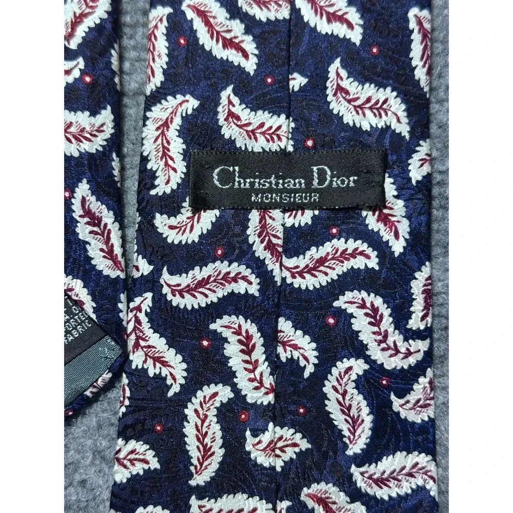Christian Dior Monsieur Navy Blue Paisley Feather Silk Neck Tie - Picture 3 of 7